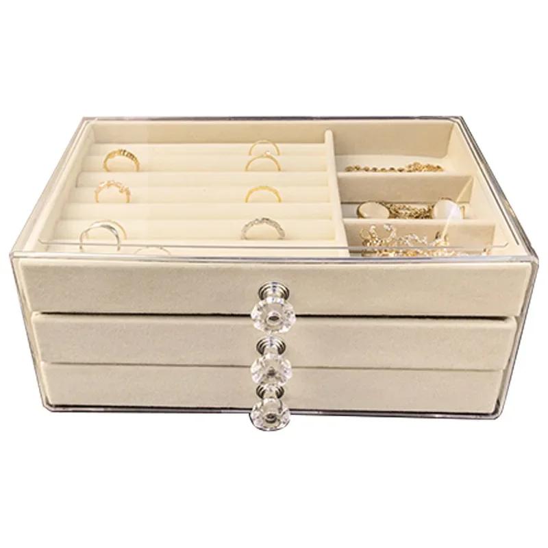 Velvet Stud Earrings Storage Box Three Layer Jewelry Organizer Dust Proof Drawer Design for Accessories Dressing Jewelry Box