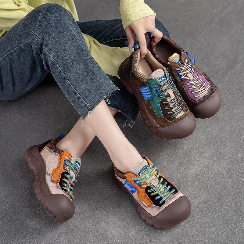 Damen Farblich Abgesetzte Runde Zehenpartie Schnürung Freizeit-Schuhe Retro Sport-Sneaker mit EVA Dicksohle Bequeme Lauf-Flats