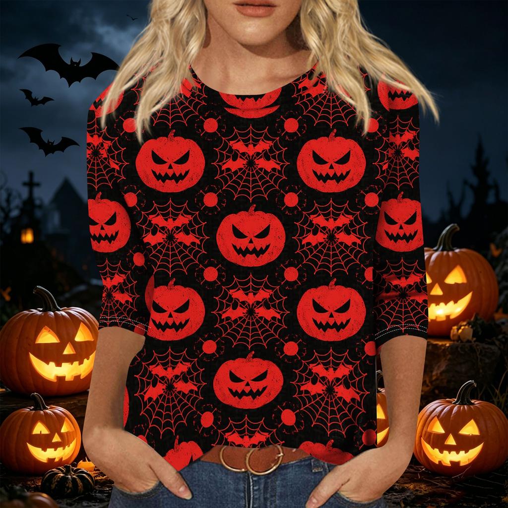 Women's Casual Three Quarter Sleeve Halloween Theme Printed Crew Neck Top Relaxed Fit Soft Material Holiday Blouse Shirt