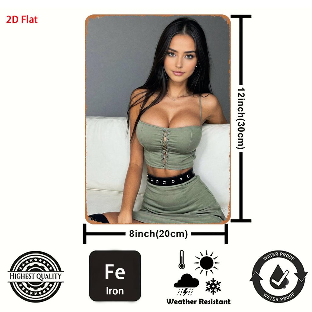 D Metal Sign Modern Retro BlackHaired Woman in Green Crop Top Skirt Metal Sign