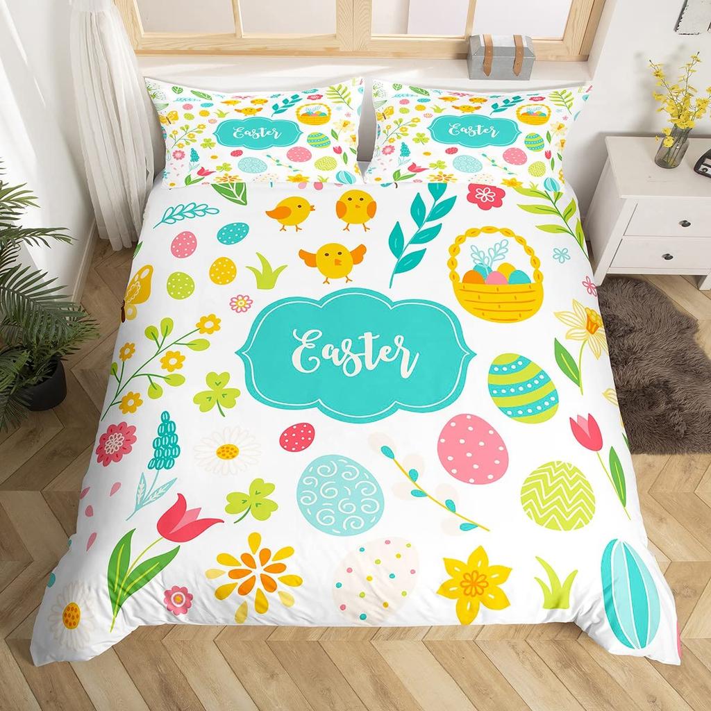 Watercolor Easter Eggs King Queen Bedding Set Happy Easter Themed Duvet Cover Toddlers Rainbow Easter Egg Polyester Quilt Cover