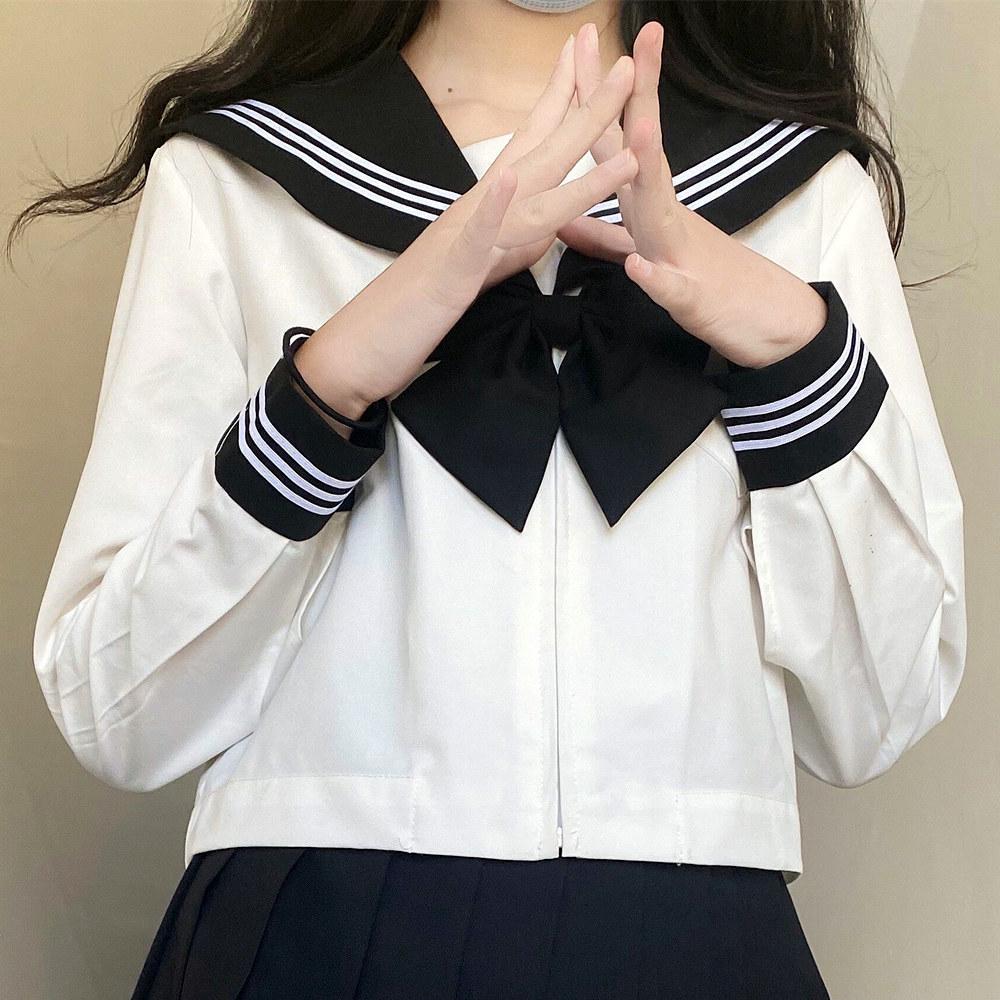 JK Sailor Suit: Black-Collared Off-White Pleated Skirt Set - Three-Piece Basic Style for Spring/Summer