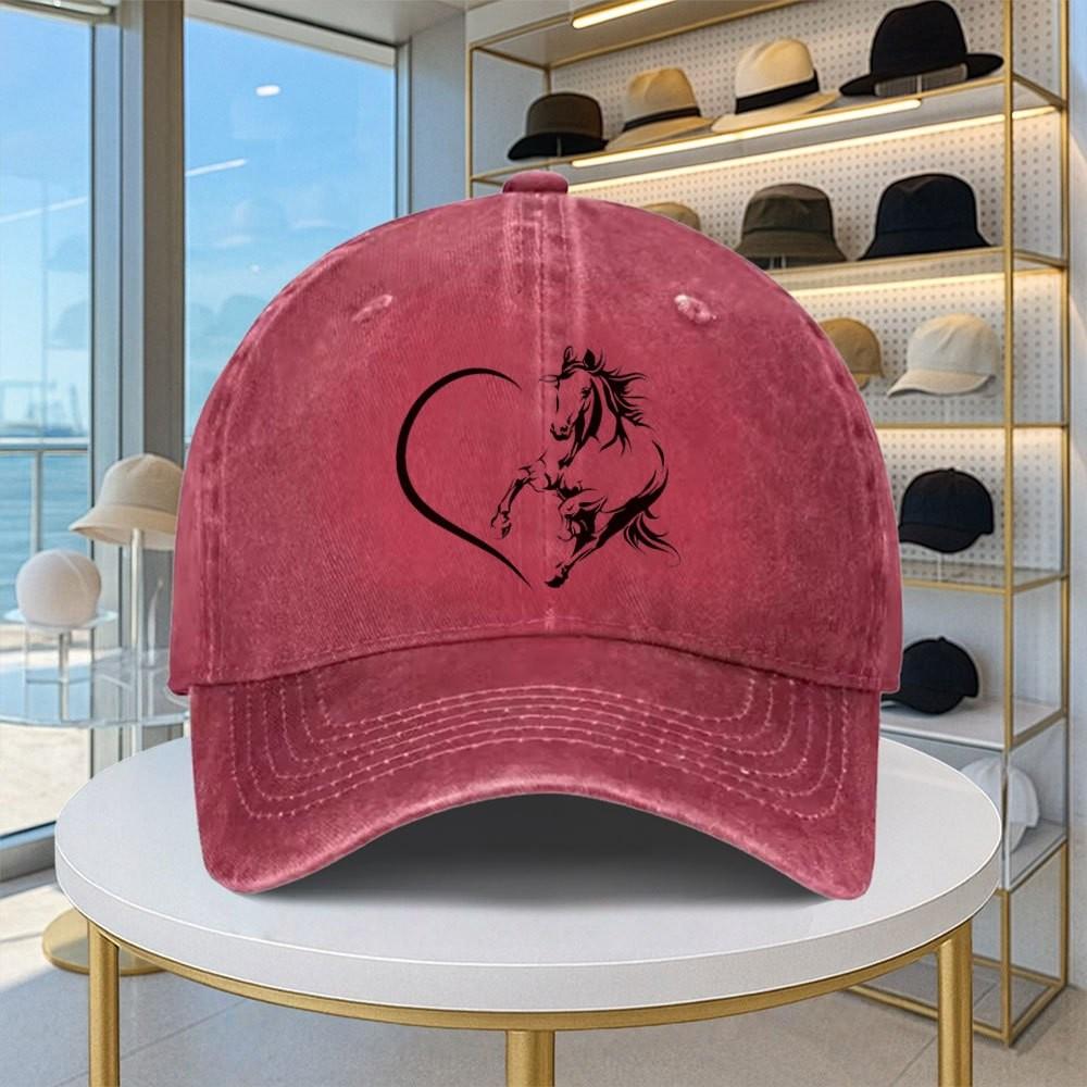 Horse Heart Design Washed Baseball Cap Adjustable Cotton Sun Hat Casual Unisex Cap
