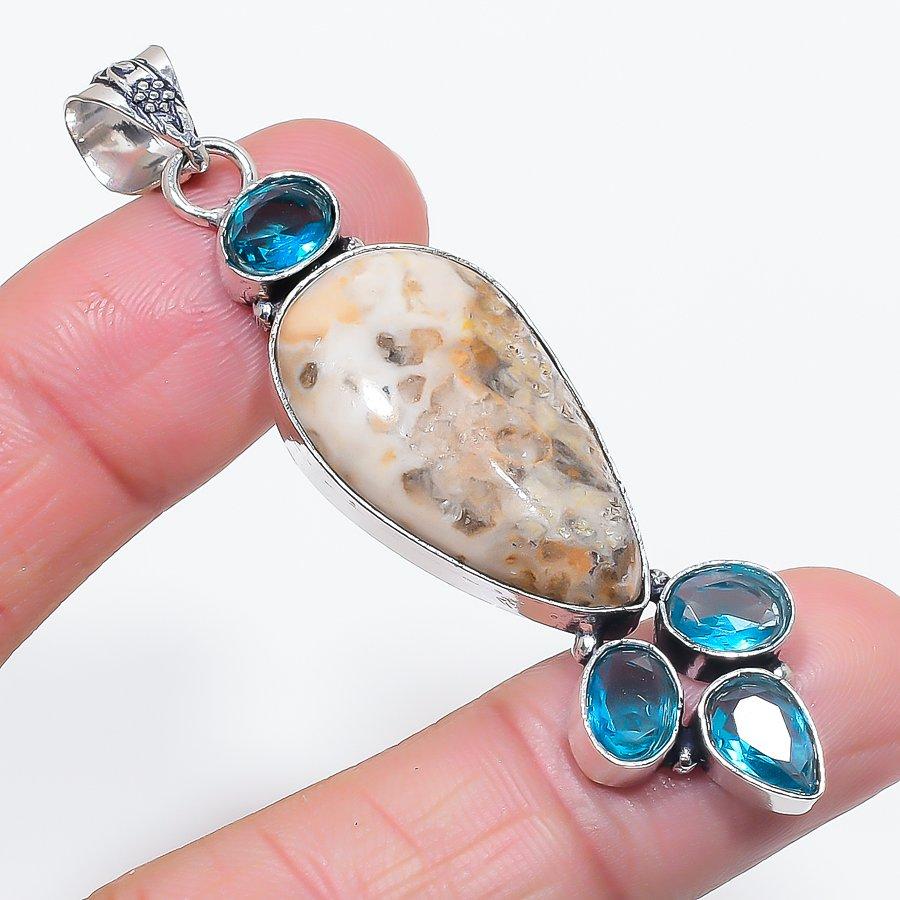 Natural Fossil Coral, Topaz 925 Sterling Silver Jewelry Pendant 2.72" T8A64