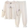 Women's French Court Style Cotton Pajama Set with Chest Pads - Long Sleeve, Long Pants for Spring & Autumn.