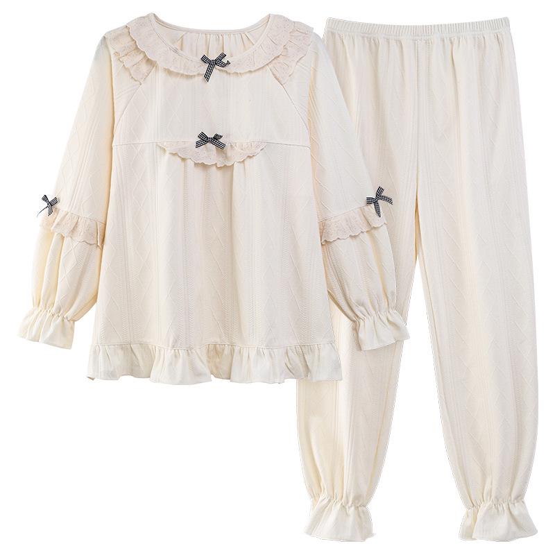 Women's French Court Style Cotton Pajama Set with Chest Pads - Long Sleeve, Long Pants for Spring & Autumn.