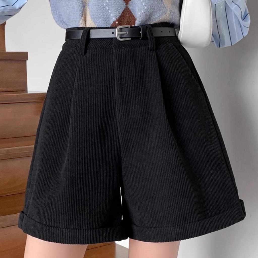 High-Waisted Corduroy A-Line Bootcut Shorts for Women - Coffee Color, Casual Autumn/Winter Wear