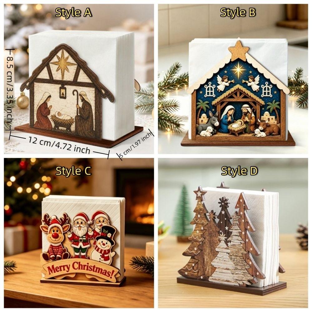 Wooden Christmas Napkin Holder Christmas Nativity Scene Pattern Tissue Organizer Bar