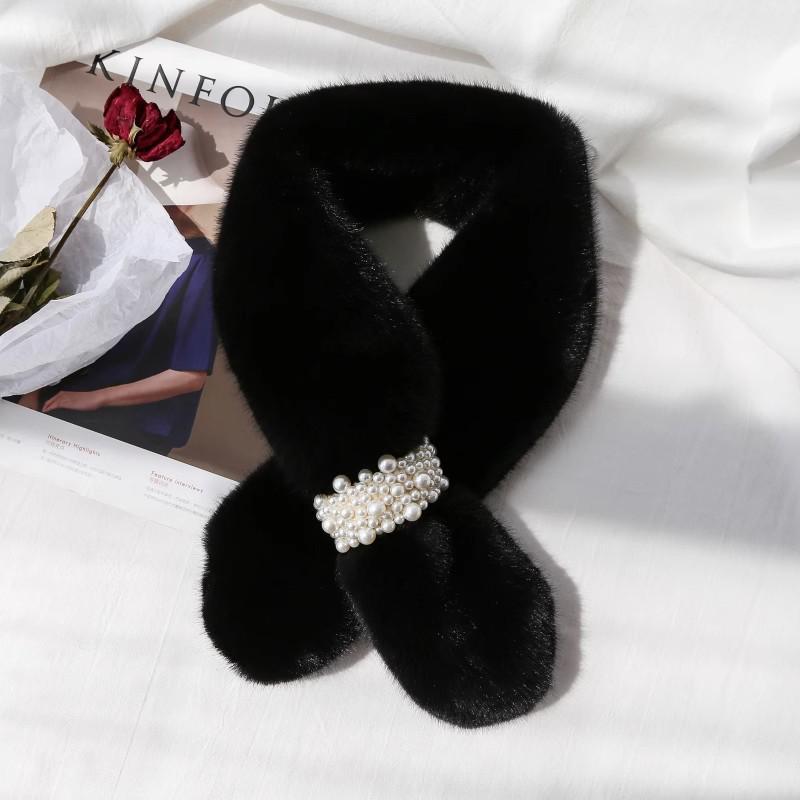 Korean Style Thickened Warm Plush Pearl Scarf - Autumn & Winter Cross Neck Warmer for Girls
