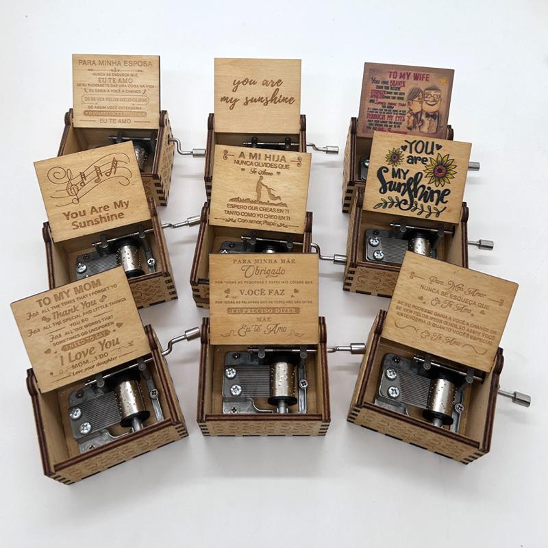 Wood Laser Engraved Vintage Hand Cranked Cute Boxes Wooden Music Box