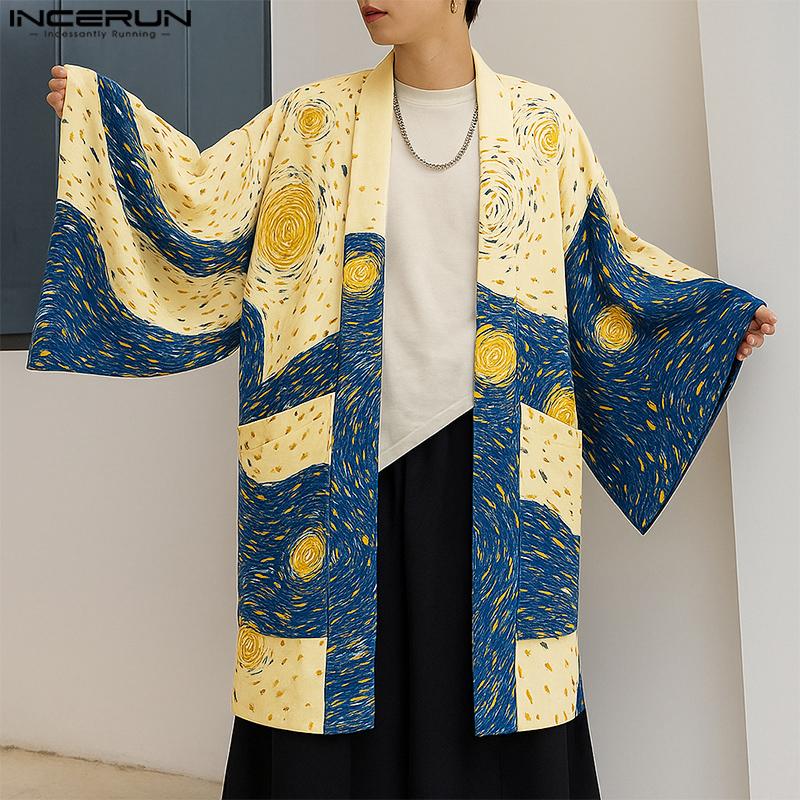 INCERUN Men Long Batwing Sleeve Printed Open Front Casual Kimonos Baggy Tops