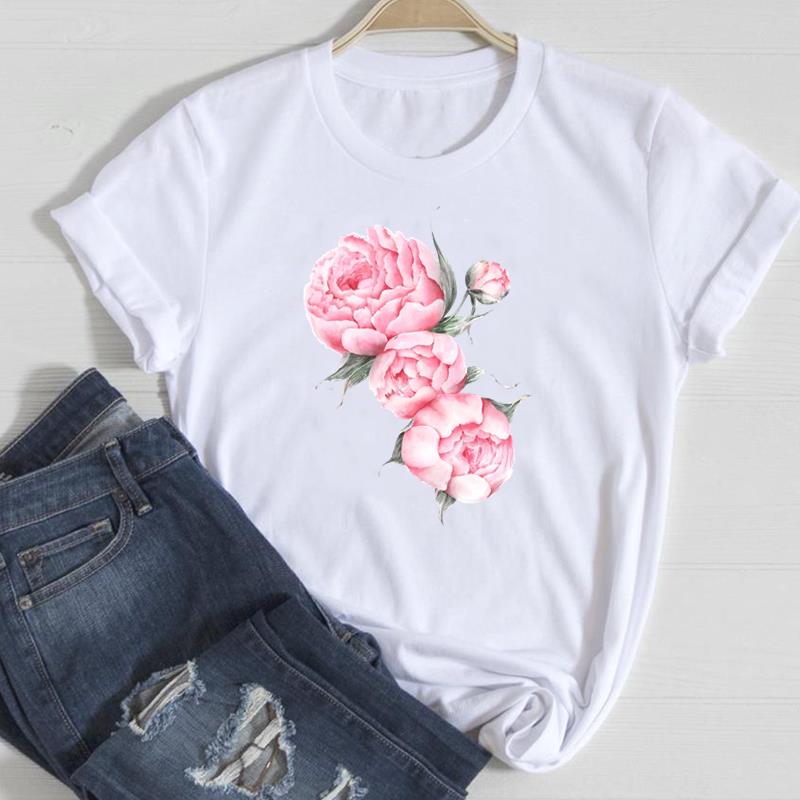 (European Size) 90s Cute Women Print Tee Flower Trend Trend Sweet Top Clothing Fashion Tshirt Lady Female Casual Short Sleeve Graphic T-shirt