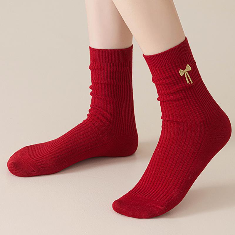 Women's Red Mid-Calf Socks with Year of Birth Embroidery - Warm and Stylish for Students