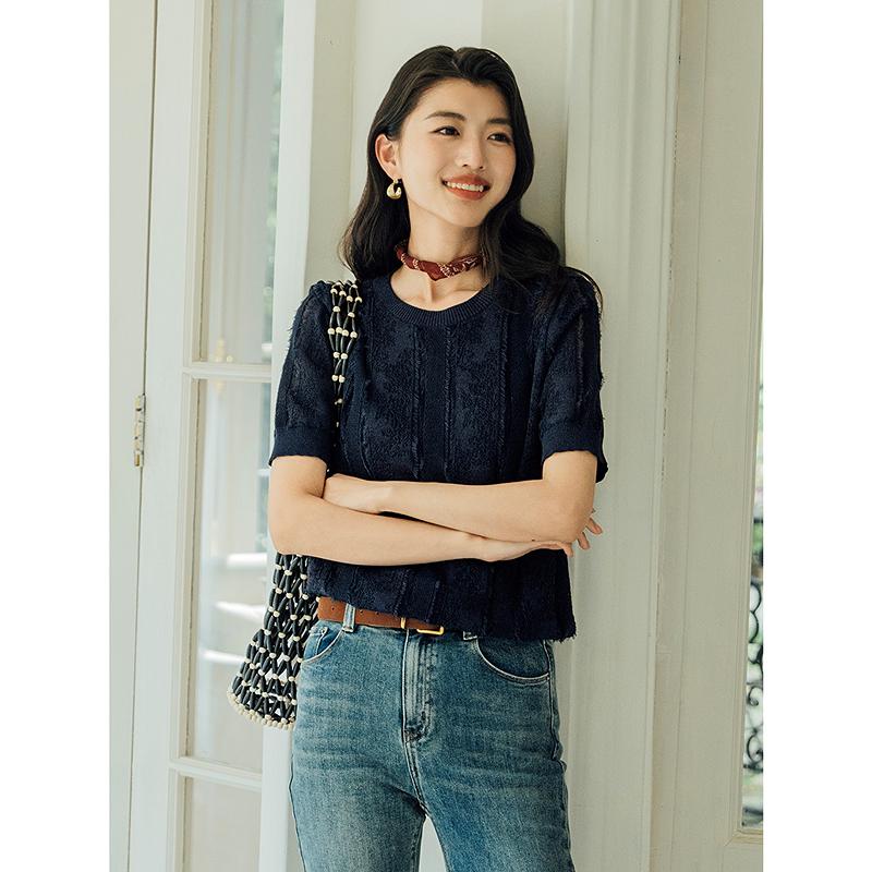 Jiuzi Anna Kou Elegant Light Mature Tassel Jacquard Texture Short Sleeve Knitted Shirt for Women