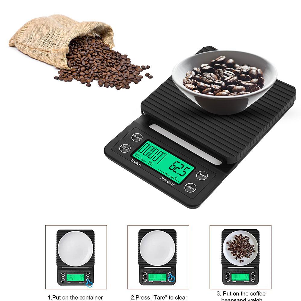 3000g/0.1g Kitchen Electronic Scale with Timer Anti-slip Tray LCD Digital Coffee Balance Scale High Precision Measuring Tool