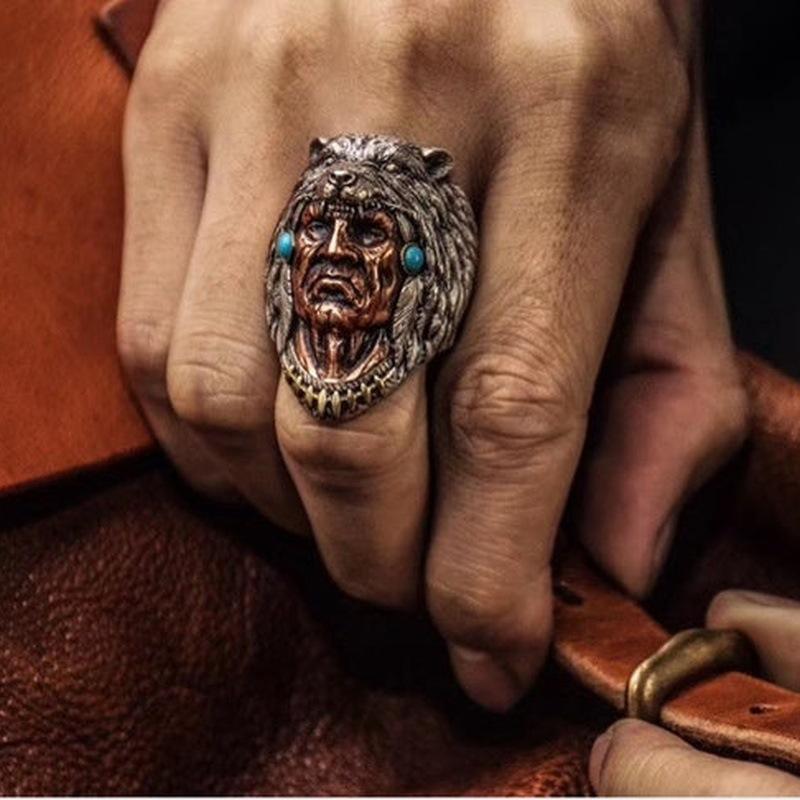 Huajie Herren keltischer Stammesführer Wolfskopf Totem Ringe Stammesführer Ethnischer Stil Boho Retro Ring Zubehör Trendig