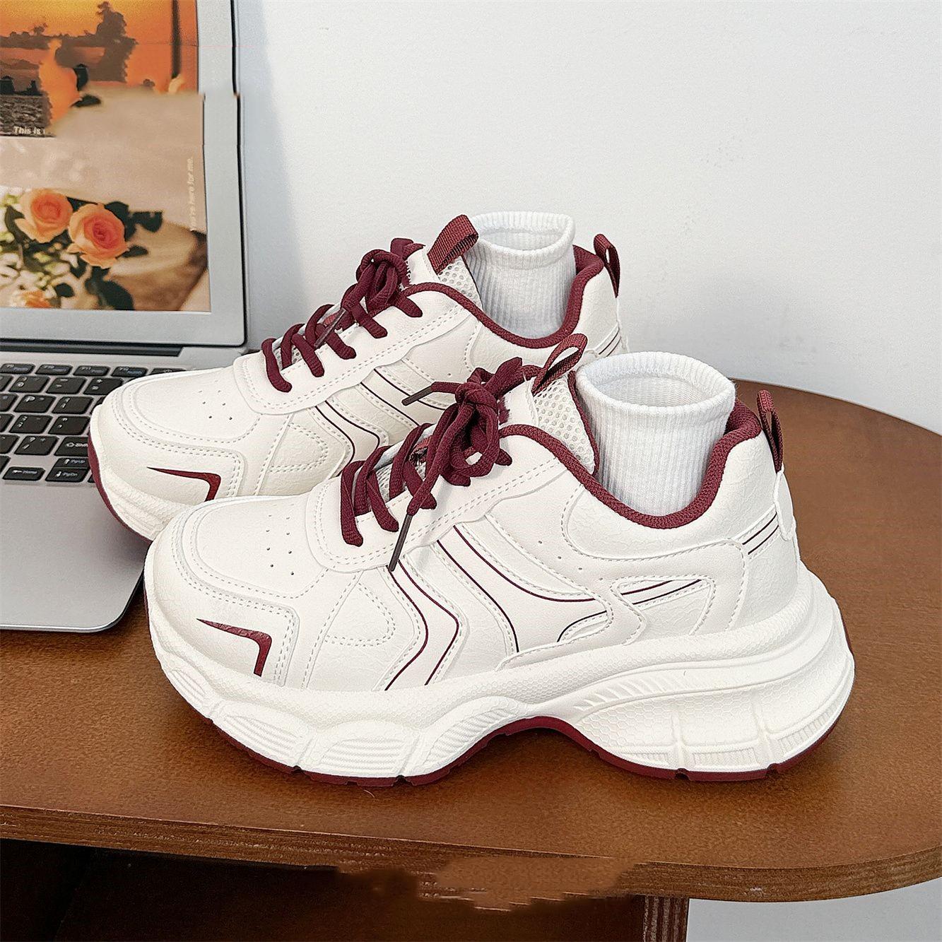 

Модные женские туфли для папы, спортивная обувь с толстой подошвой, легкие повседневные универсальные туфли длиной до щиколотки, однотонная резиновая подошва, весна 2025 г. 35 вино красного