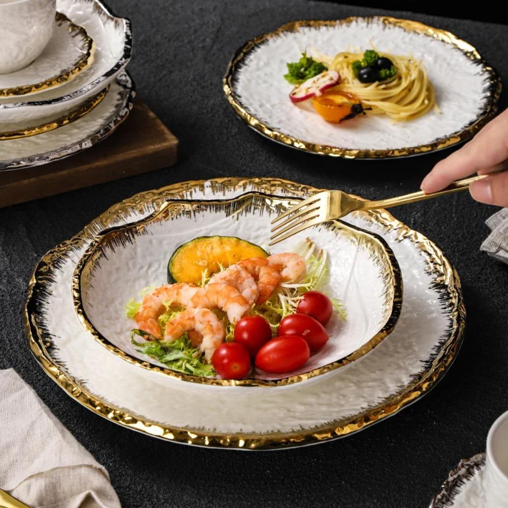 Round Ceramic Steak Plate with Stone Pattern and Gold and Silver Edge Western Restaurant Kitchen Dessert Fruit Plate Tableware