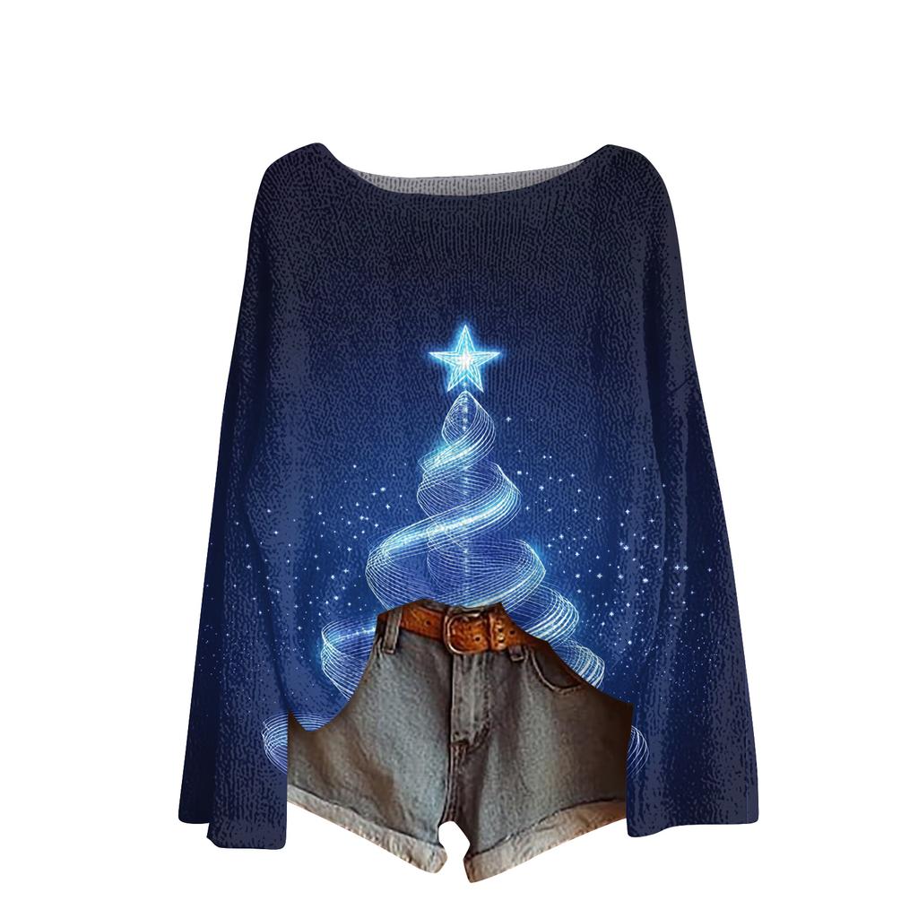 Ladies' Fashionable Casual Long Sleeved Christmas Printed Round Neck Knitted Yarn