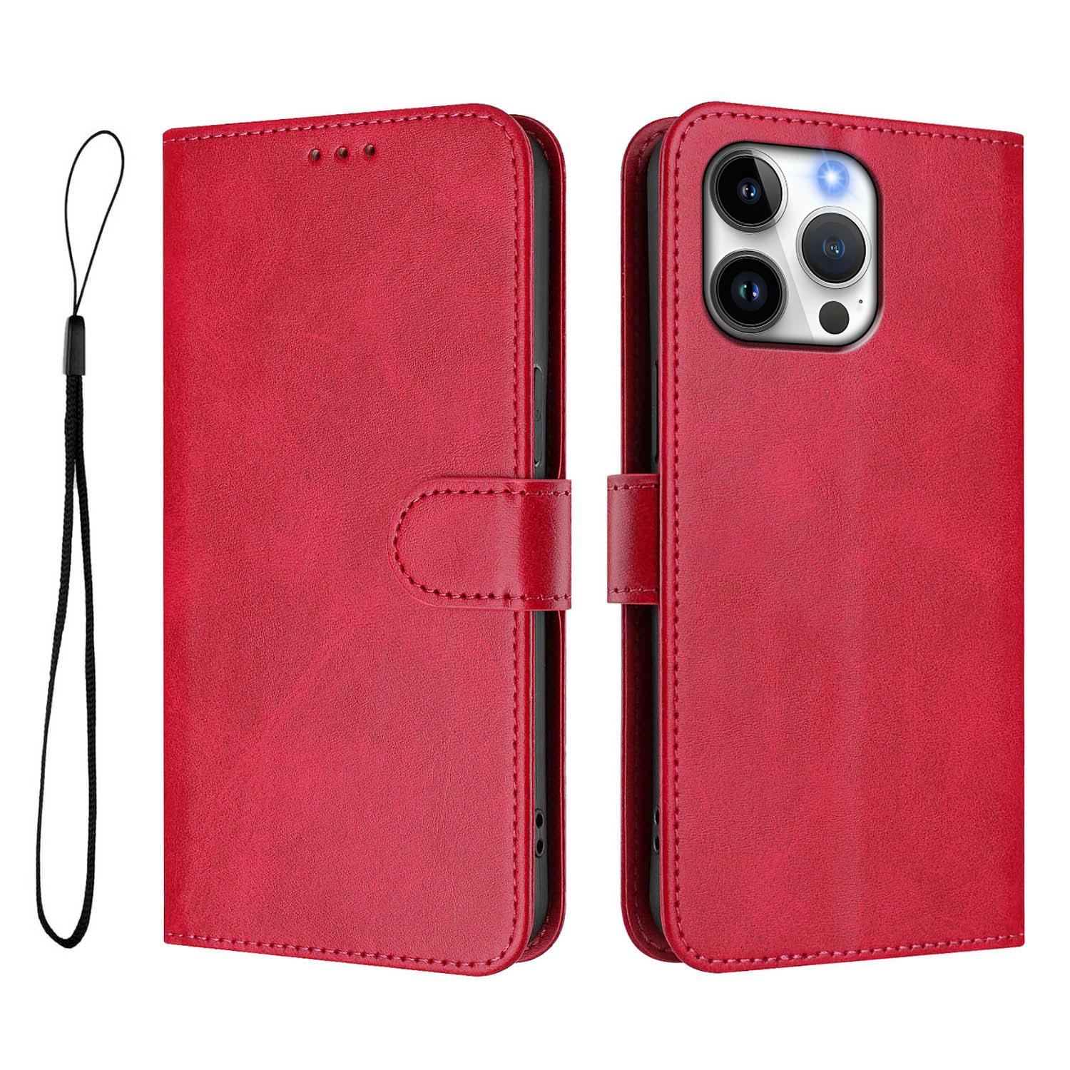 

For iPhone 16 Pro Max Wallet Case RFID Blocking Calf Texture Leather Stand Phone Cover with Strap Rose