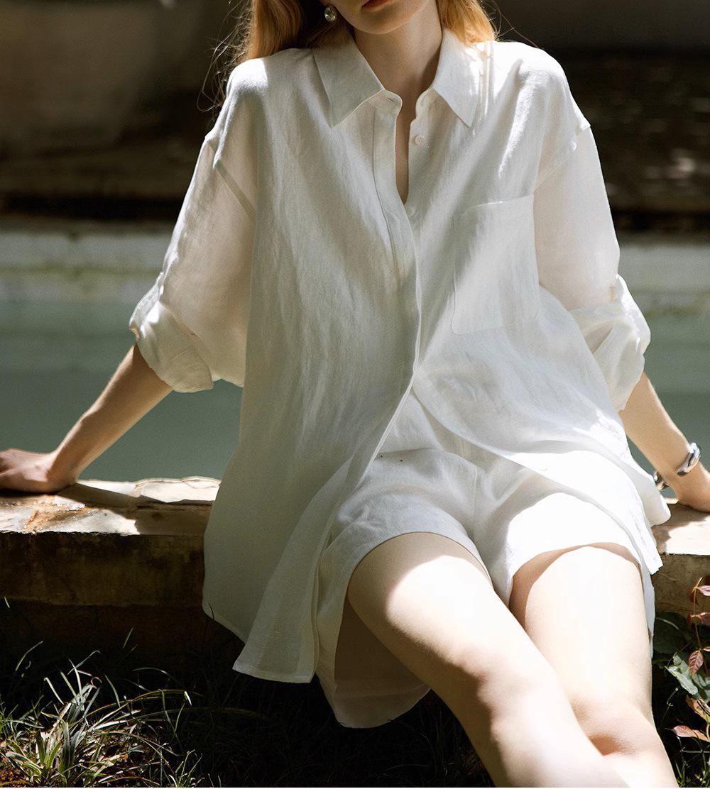 

Loose Summer Linen Oversized Shirt & Shorts Set - Casual Sun Protection, Solid Colors White Set [Shirt + Shorts]