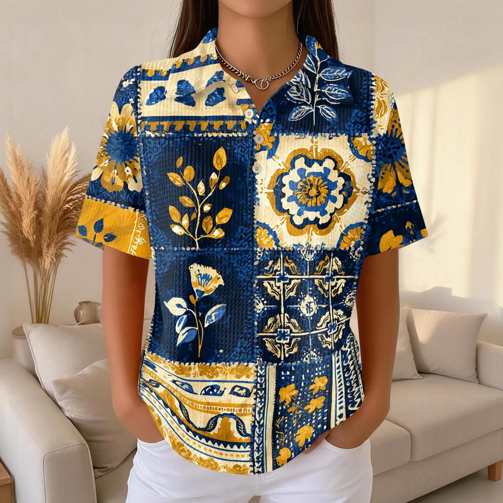 Women's Casual Short Sleeve Waffle Knit Polo Shirt Vintage Floral Print Button Down Collared Top Lightweight Breathable Fabric