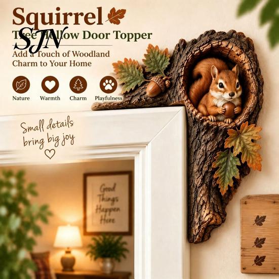 Chipmunk Shelf Sitter 2Pcs Tree Hollow and Animal Wooden Door Topper, Rustic Forest Style Decorative Country Decor for Windowsills Corner Decor,