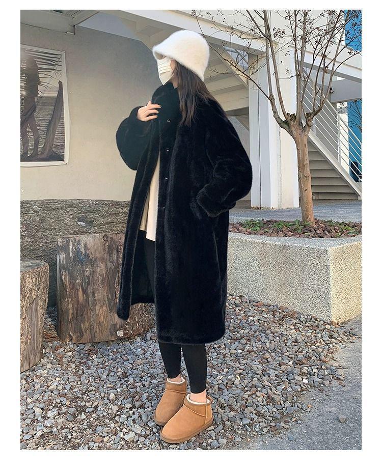 2025 A/W Women's Eco-Leather Overcoat: Thick Long Stand-Collar Mink Fur Cashmere One-Piece