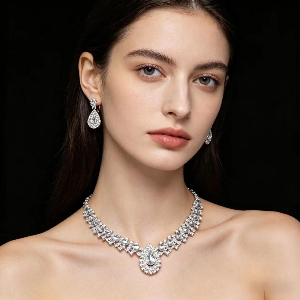 TREAZY Sparkling Rhinestone Crystal Teardrop Design Wedding Bridal Jewelry Set Silver Plated Women Choker Necklace Earrings Set
