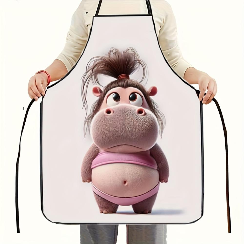 1pc Cute Cartoon Hippo Print Kitchen Apron, Funny Anti-stain Cooking Apron for Home Chef BBQ Baking