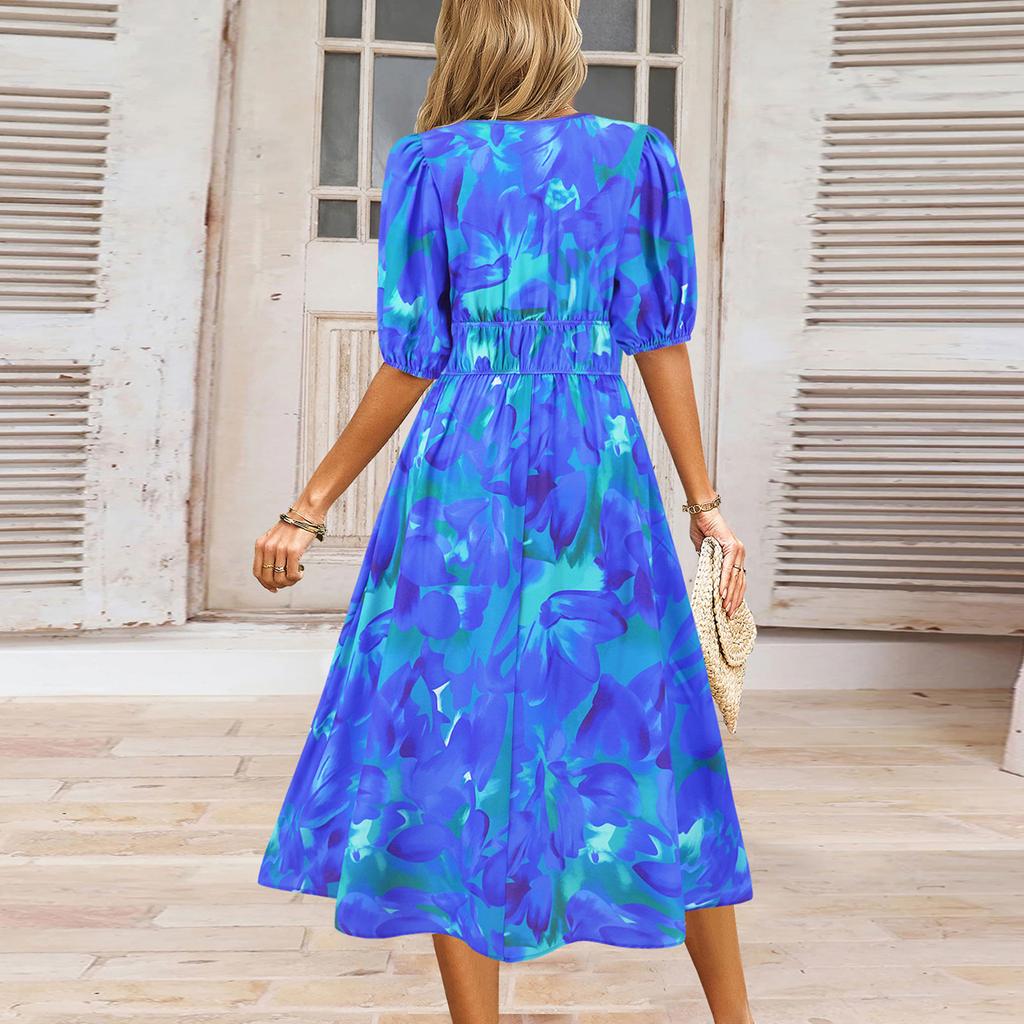 Women's V-Neck Bohemian Print Short Sleeve Dress A-Line Skirt