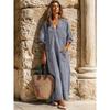 Women's V Neck Puff Three Quarter Sleeve Vertical Stripe Loose Fit Pocket Long Maxi Casual Summer Dress