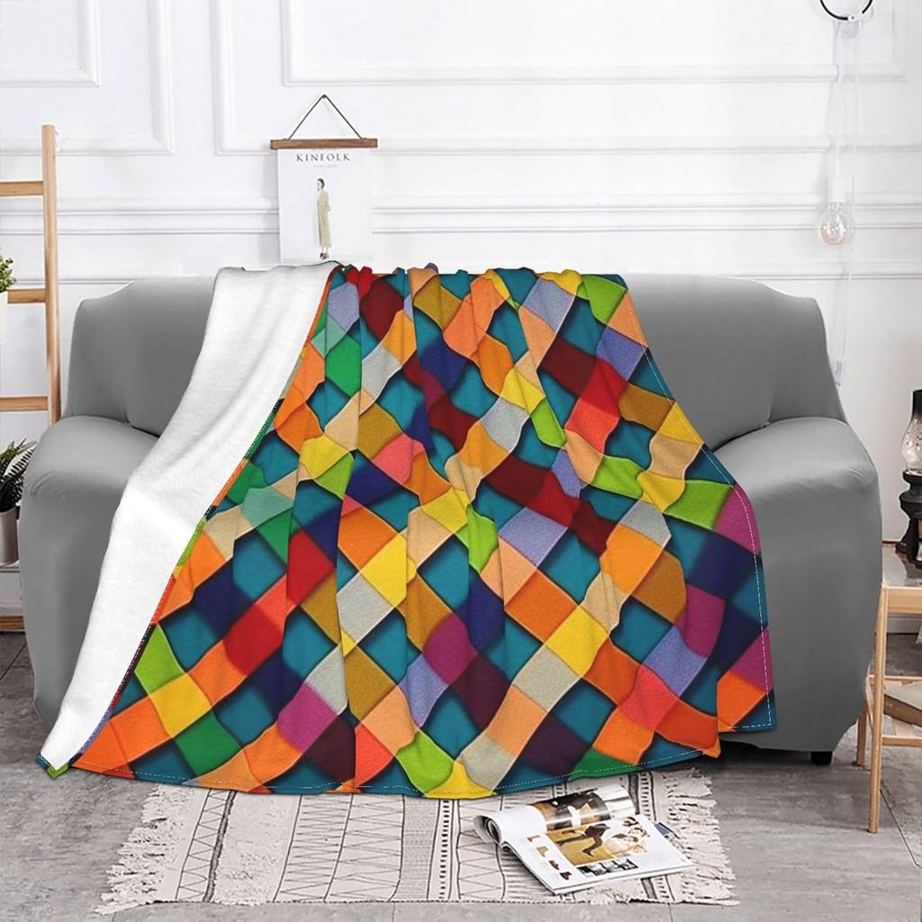 Colorful Plaid Blanket Super Soft Cozy Fleece Throw Blankets for Couch Bed Travel, Lightweight Air Conditioning Blanket Seasons