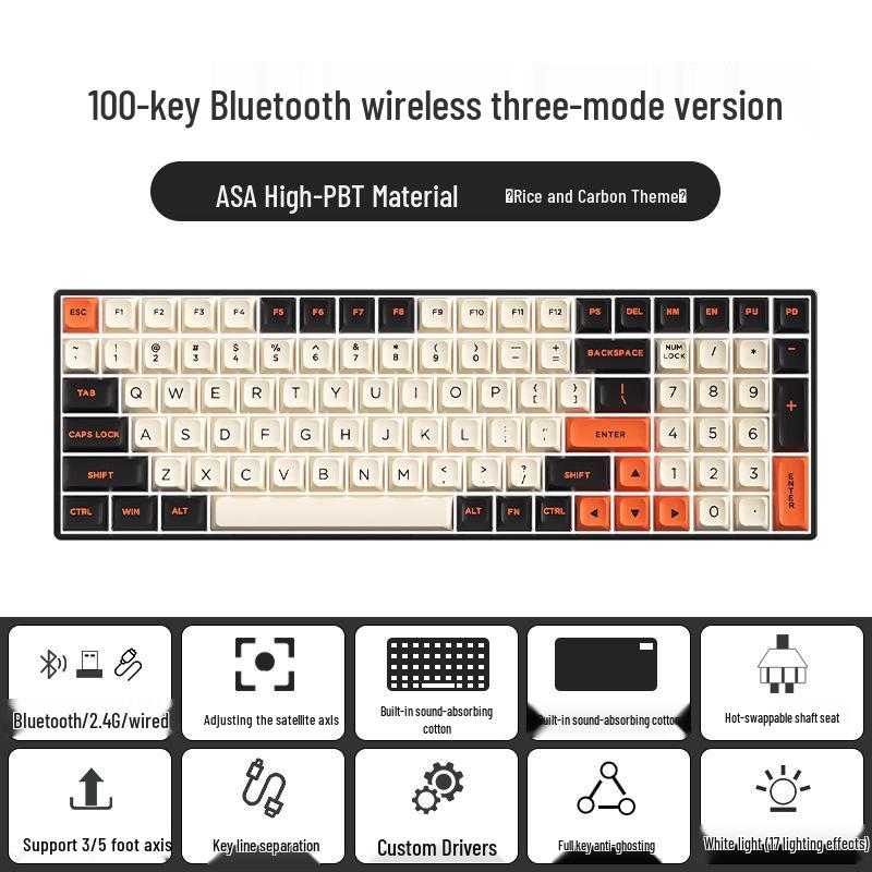 Wireless Bluetooth Mechanical Keyboard - 100-Key, Three-Mode, Compact Design, Office Customizable, Hot-Swappable Switches