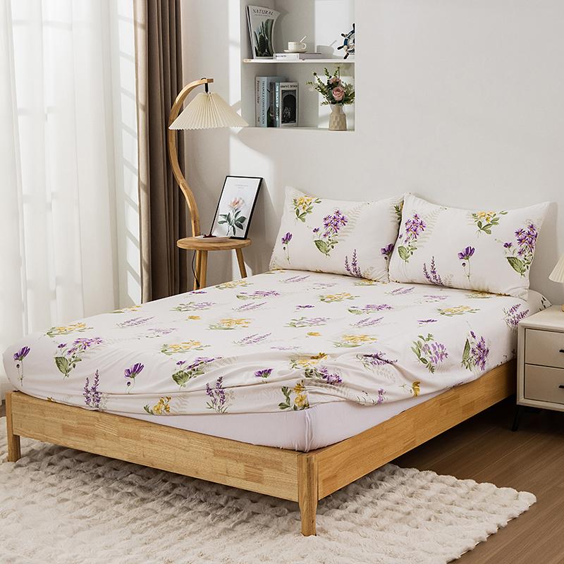 3Pc Purple Rhyme Yellow Flower Bed Sheet 100%Polyester 1Fitted Sheet 2Pillowcase Mattress Cover (No Pillowcase) Queen/King Size