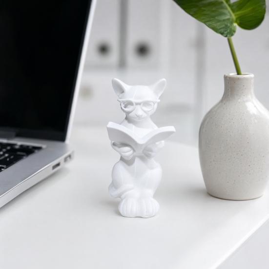 Cat Desk Decoration 3D Printed Reading Statue, Holding Book Glasses Figurine, Artistic Ornament Modern Decorative Animal Sculpture for Home