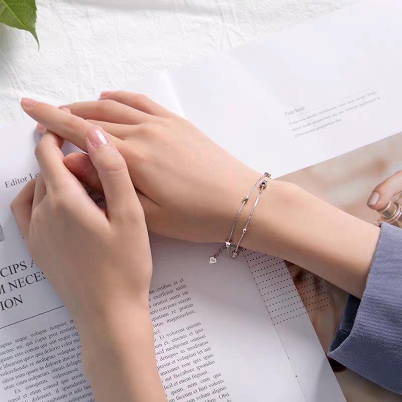 S925 Sterling Silver Double Star Layered Bracelet - Korean Style, Versatile Design, Perfect Gift for Girlfriend