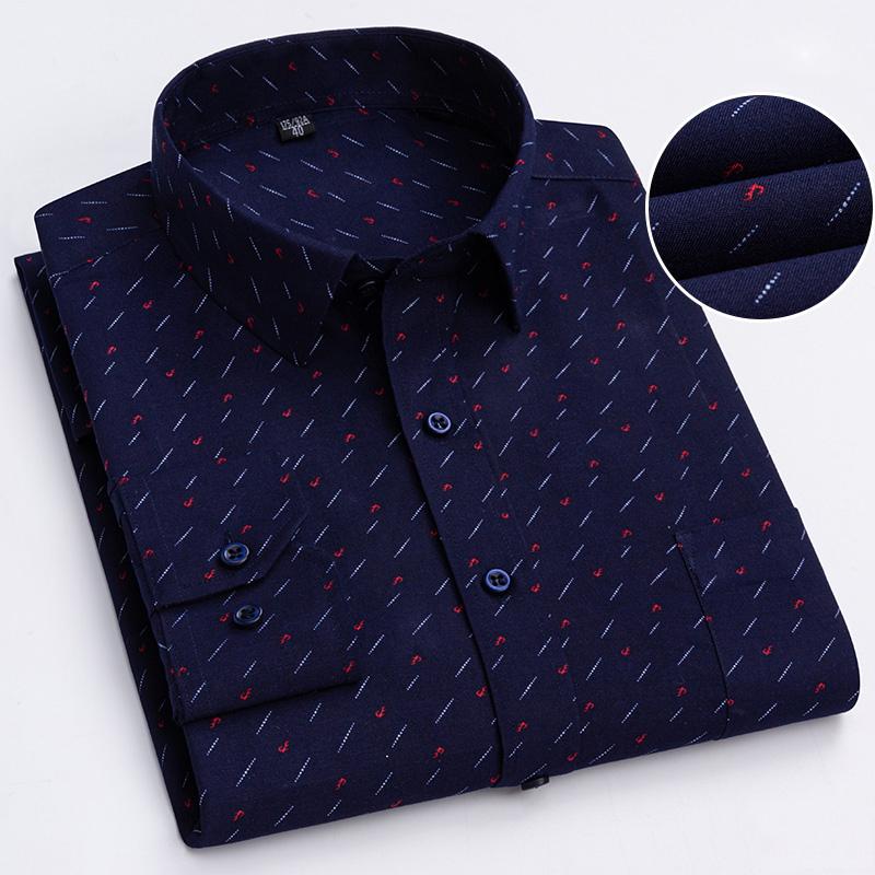 Men's 65% Cotton Long Sleeve Printed Check Dress Shirt Single Patch Pocket Regular-fit Comfortable Versatile Thin Casual Shirts