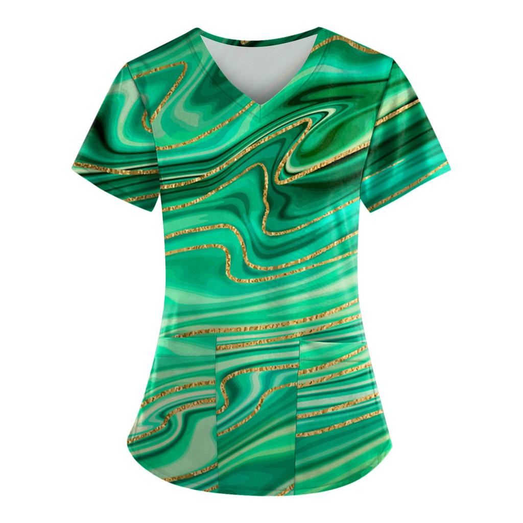 Women Fashion Spring And Summer Oil Painting Print V-neck Short Sleeve Workwear With Pockets Tops