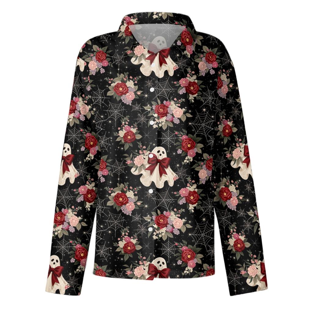 Women Button Down Long Sleeve Collared Shirt with Halloween Themed Print Casual Fit Blouse Top