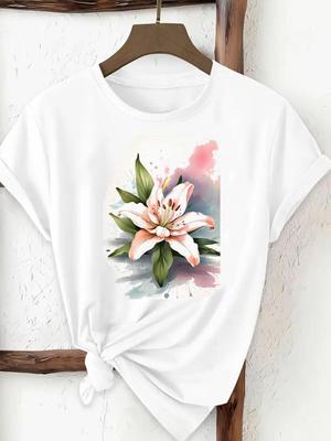 (Asian Size) Women Fashion Tee Top Watercolor Trend Flower Clothing T Shirt Woman Print Female Short Sleeve Graphic T-shirts