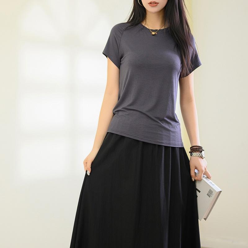 Modal Rundhals Kurzarm T-Shirts und Langer Rock Übergröße Loungewear 2-teiliges Set Lockere Mode Kleidersets Damen passendes Set