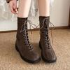 Fashion Fashion Cross Lace Up Mid Calf Boots Women Autumn Winter Low Heels Faux Suede Boots Woman Zipper Square Toe Short Booties Mujer