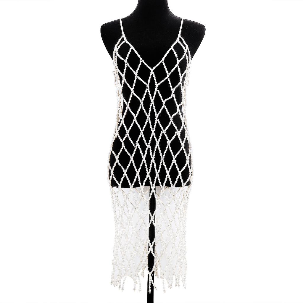 Elegant Pearl Hollow Long Tassel Dress Retro Exaggerated Heavy-duty Camisole Body Chain