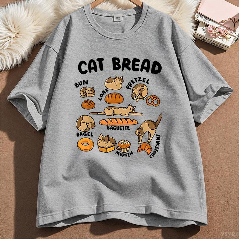 Funny Cat Bread Art Print Womens Crew Neck Short Sleeve T Shirt Cute Kitten Bakery Food Cartoon Casual Graphic Tees For Ladies