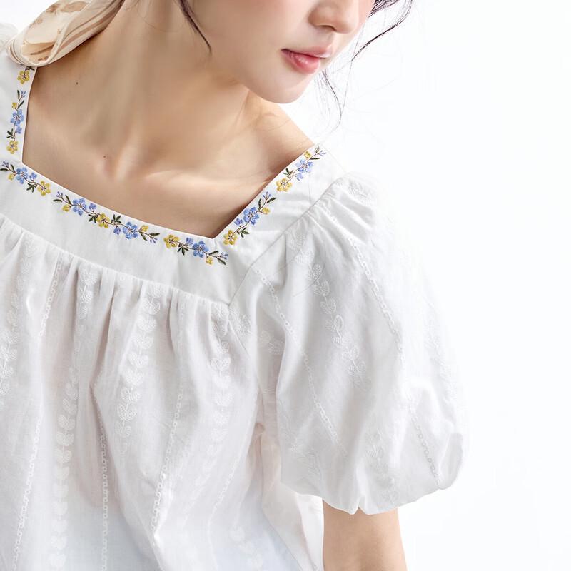 INMAN Women's French Embroidered Cotton Square Neck Puff Sleeve Blouse