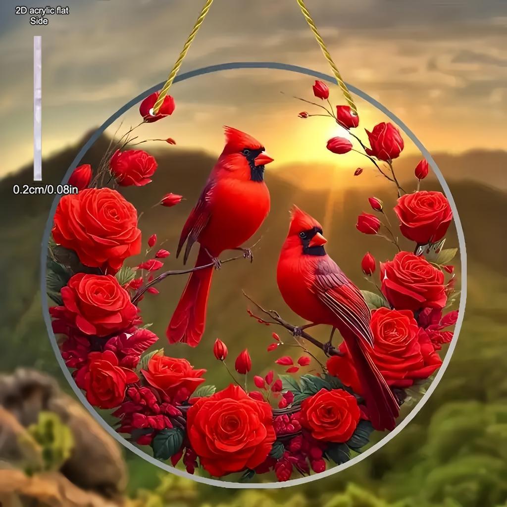Vibrant Cardinal Bird Sun Catcher - Colorful Dyed Plastic Window Hanging Decoration, Acrylic Circular Sign, Garland Ornament, Four Seasons Decoration