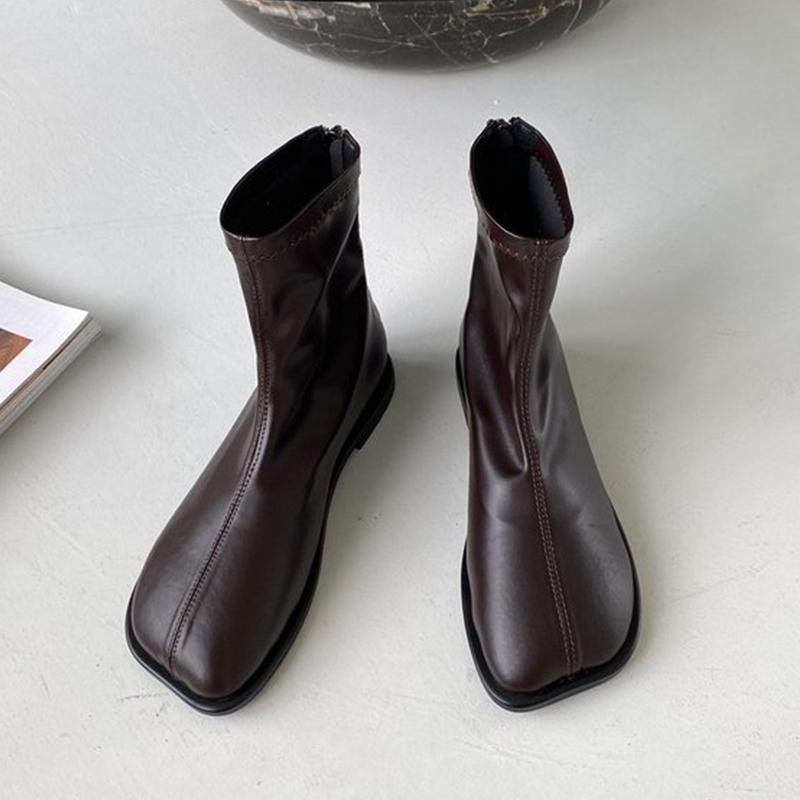 

модные женские кожаные ботильоны на плоской подошве с квадратным носком дизайнерская обувь трендовые новые зимние ботинки прогулочные готические ботинки челси на молнии женские ботинки Zapatos 39 кофейный