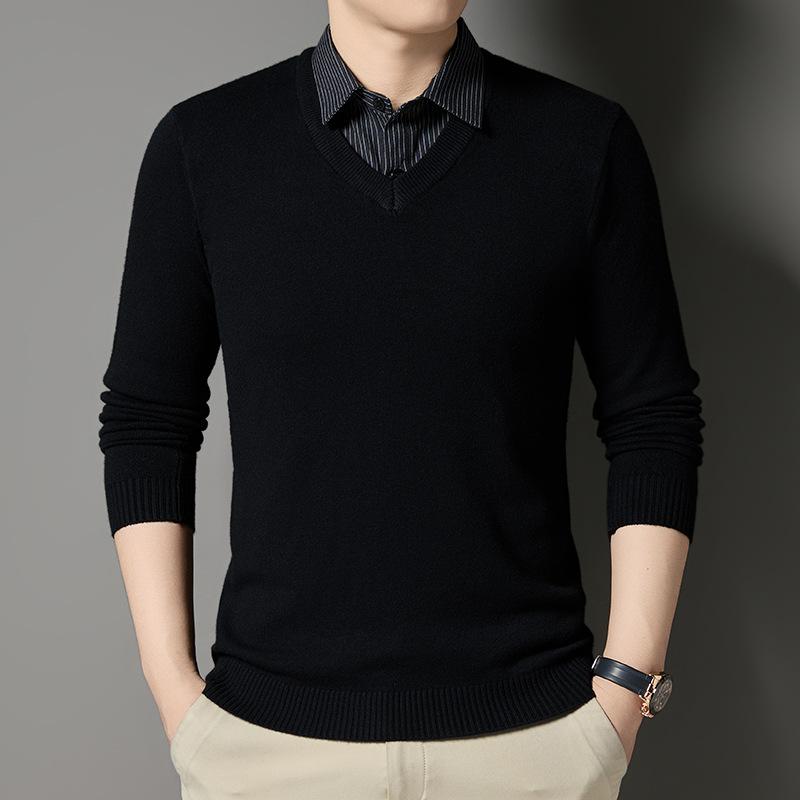 New Fall and Winter Fake Two-piece Shirt Collar Knitted Sweater for Men Stripes Fashionable Warm Skin-friendly Base Sweater