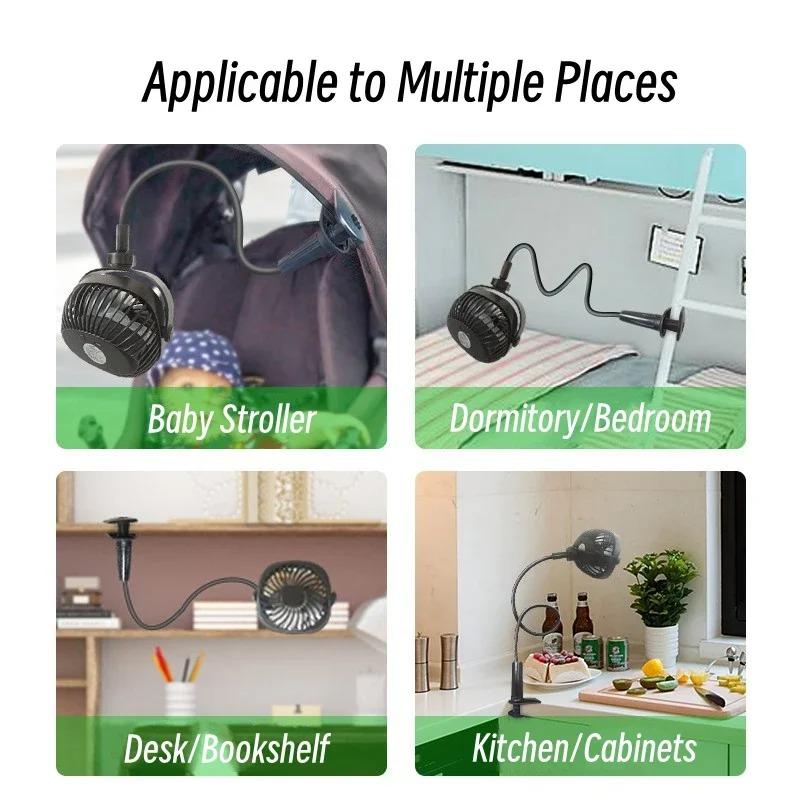 USB Rechargeable Deformable Long Bracket Electric Clip Fan 3 Speed Portable Baby Stroller Air Cooler Fan Table Ventilator